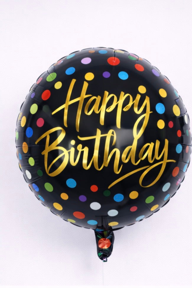 INFLATED 18” Foil Balloon – Polka Dots - Happy Birthday/ Black