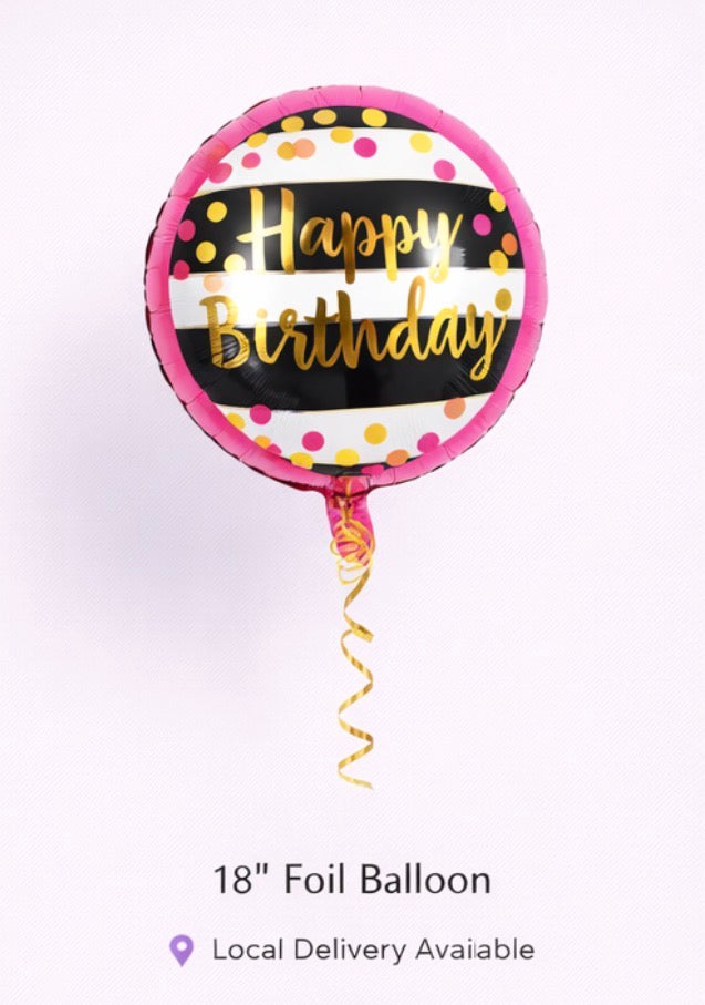 INFLATED 18” Foil Balloon -Happy Birthday-Pink-Striped