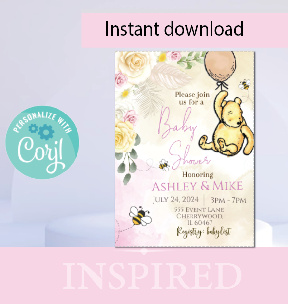 Winnie the Pooh - Invitation- Pink - with balloon- - INSTANT DOWNLOAD