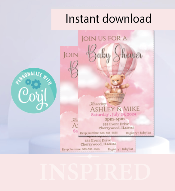 Hot air balloon with bear - Invitation- pink- INSTANT DOWNLOAD