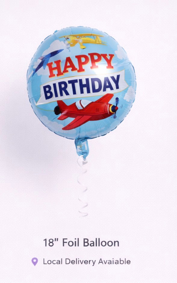 INFLATED 18” Foil Balloon – Airplane - Happy Birthday/ Blue