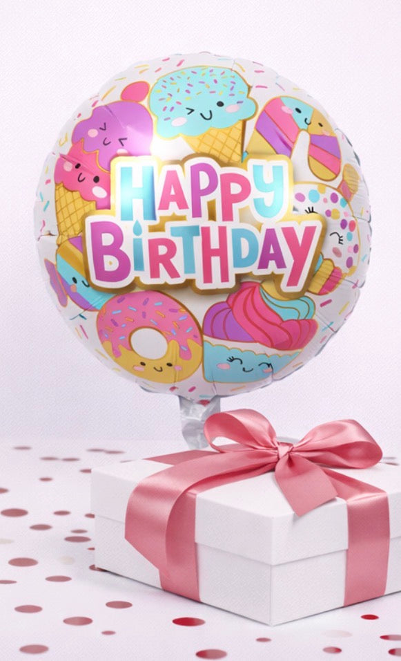 INFLATED 18” Foil Balloon -Donuts& cupcakes/ Happy Birthday-Pink,blue, purple-