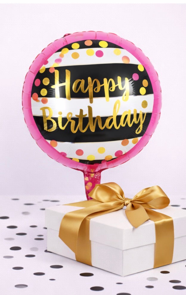 INFLATED 18” Foil Balloon -Happy Birthday-Pink-Striped