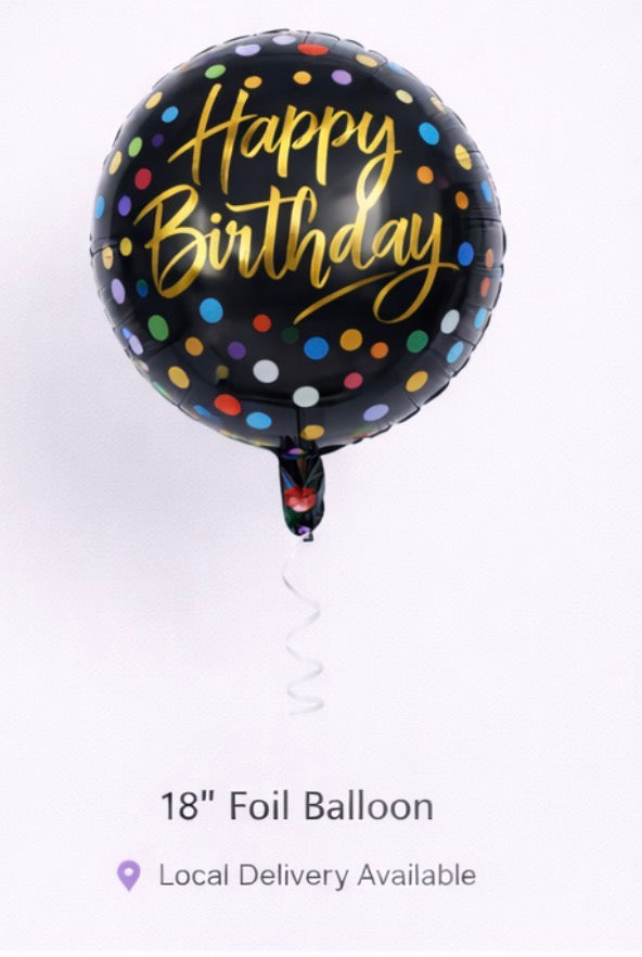 INFLATED 18” Foil Balloon – Polka Dots - Happy Birthday/ Black