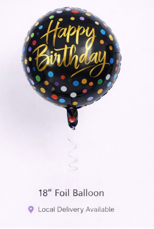 INFLATED 18” Foil Balloon – Polka Dots - Happy Birthday/ Black