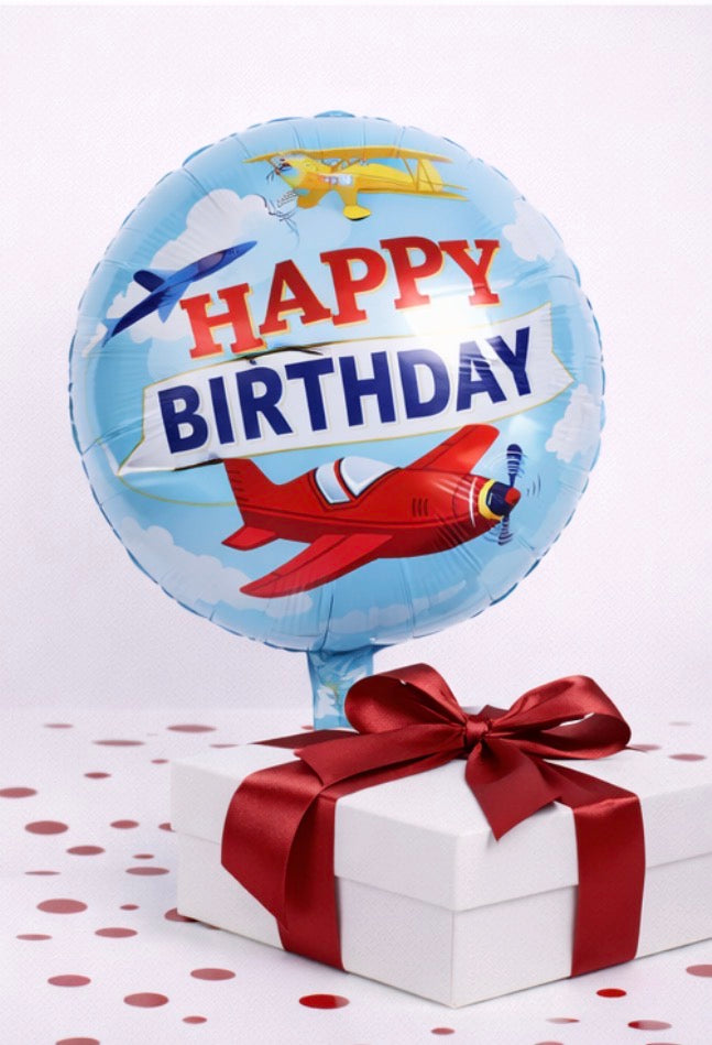 INFLATED 18” Foil Balloon – Airplane - Happy Birthday/ Blue