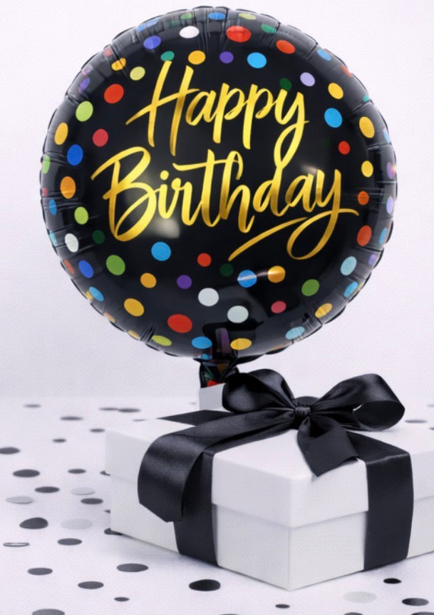 INFLATED 18” Foil Balloon – Polka Dots - Happy Birthday/ Black