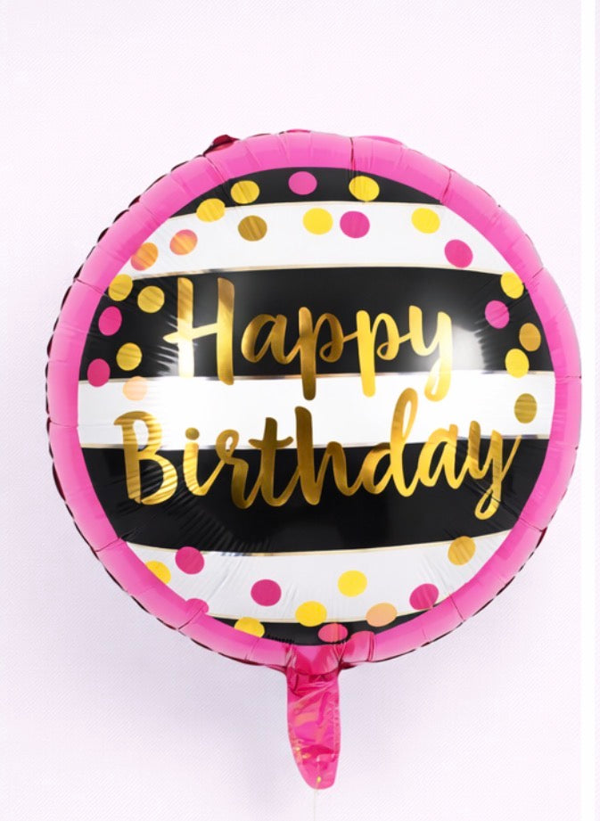 INFLATED 18” Foil Balloon -Happy Birthday-Pink-Striped