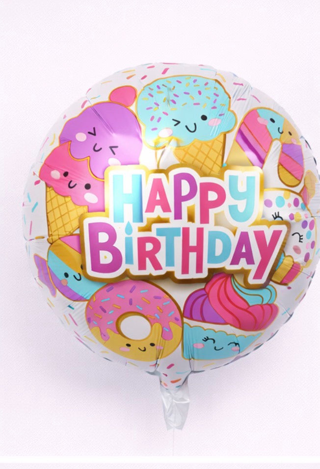 INFLATED 18” Foil Balloon -Donuts& cupcakes/ Happy Birthday-Pink,blue, purple-