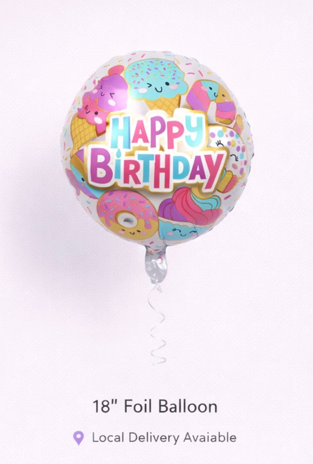 INFLATED 18” Foil Balloon -Donuts& cupcakes/ Happy Birthday-Pink,blue, purple-