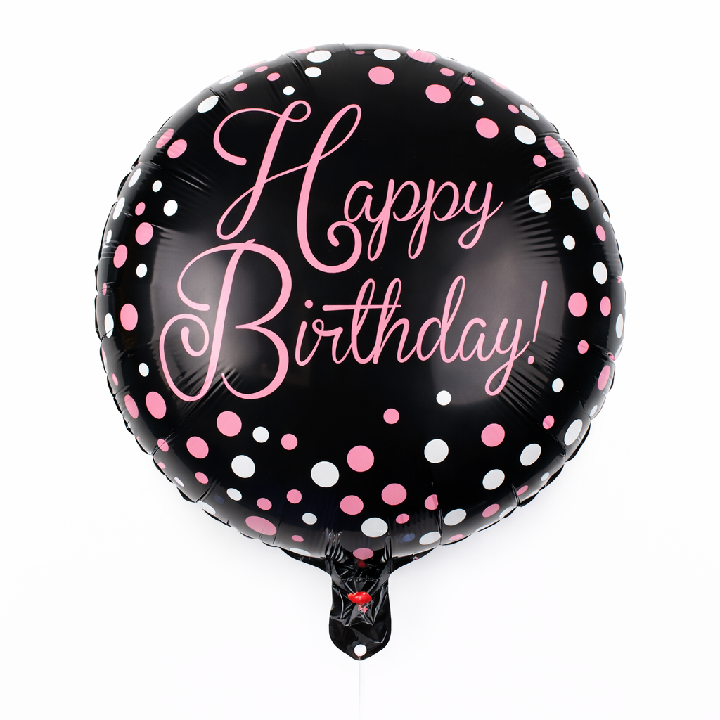 INFLATED 18” Foil Balloon – black with pink and white dots - Happy Birthday