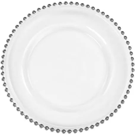SALE: Silver Clear beaded charger plates / damaged ( new but cracked)
