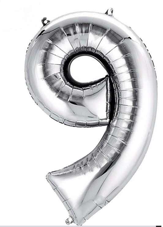 INFLATED 
34” Foil Balloon - NUMBER “9”- SILVER