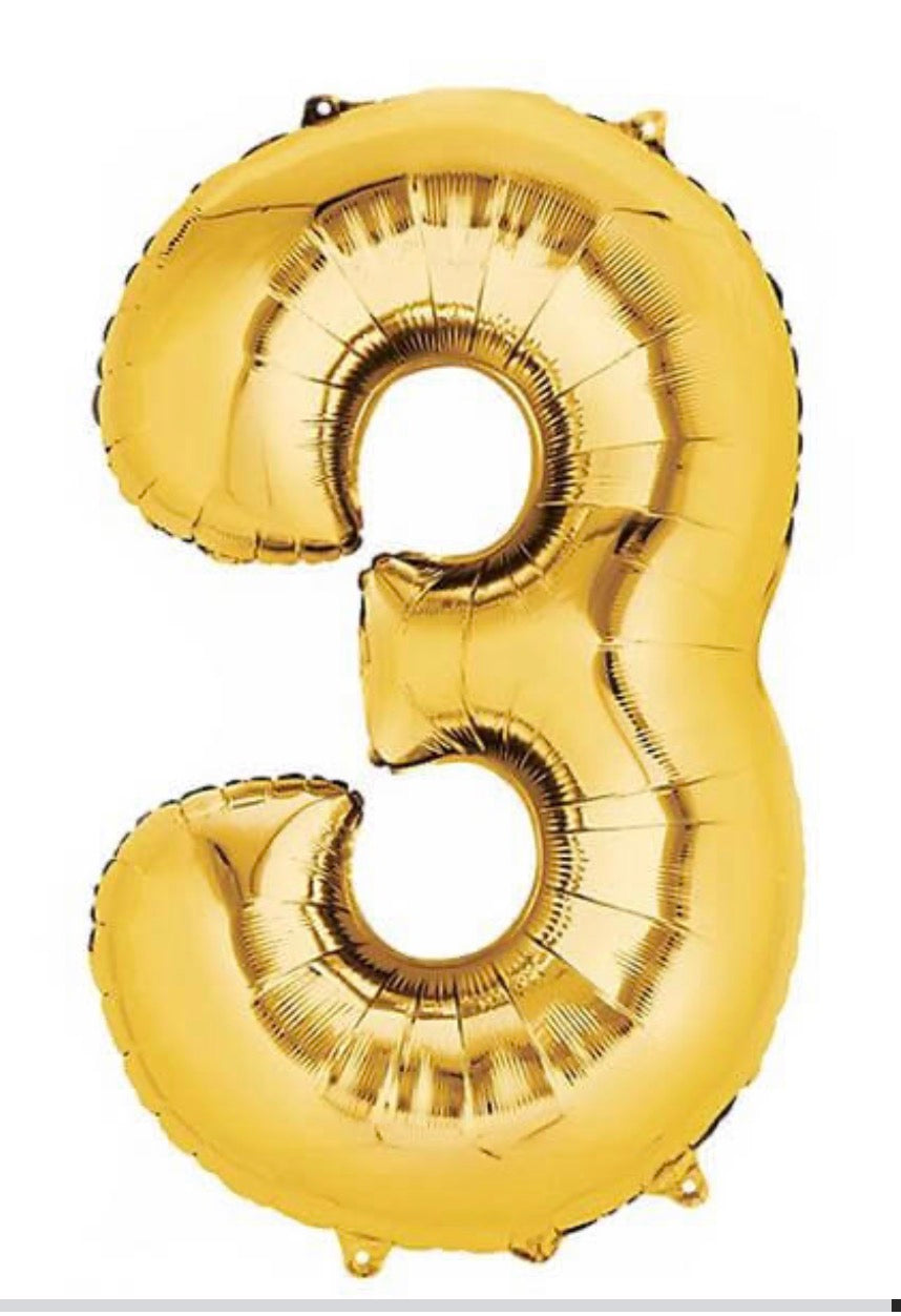 INFLATED 
34” Foil Balloon - NUMBER “3”- GOLD
