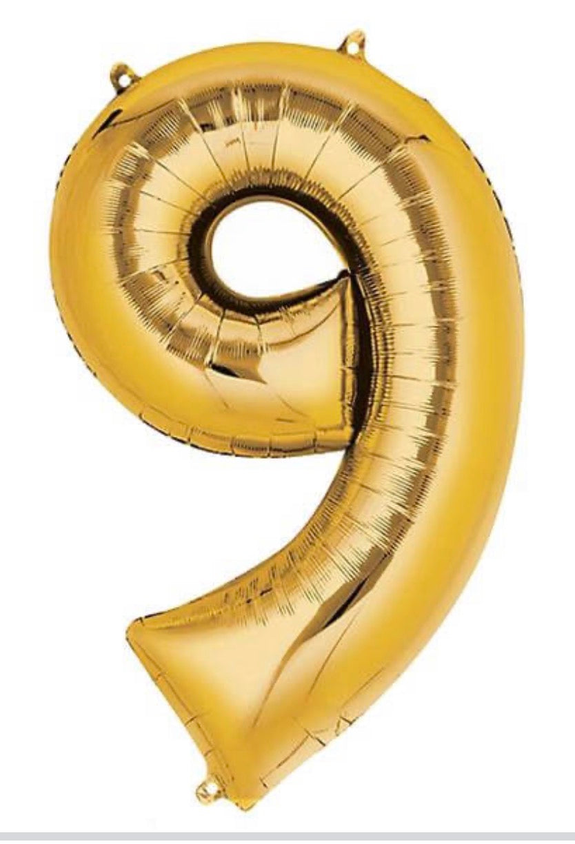 INFLATED 
34” Foil Balloon - NUMBER “9”- GOLD