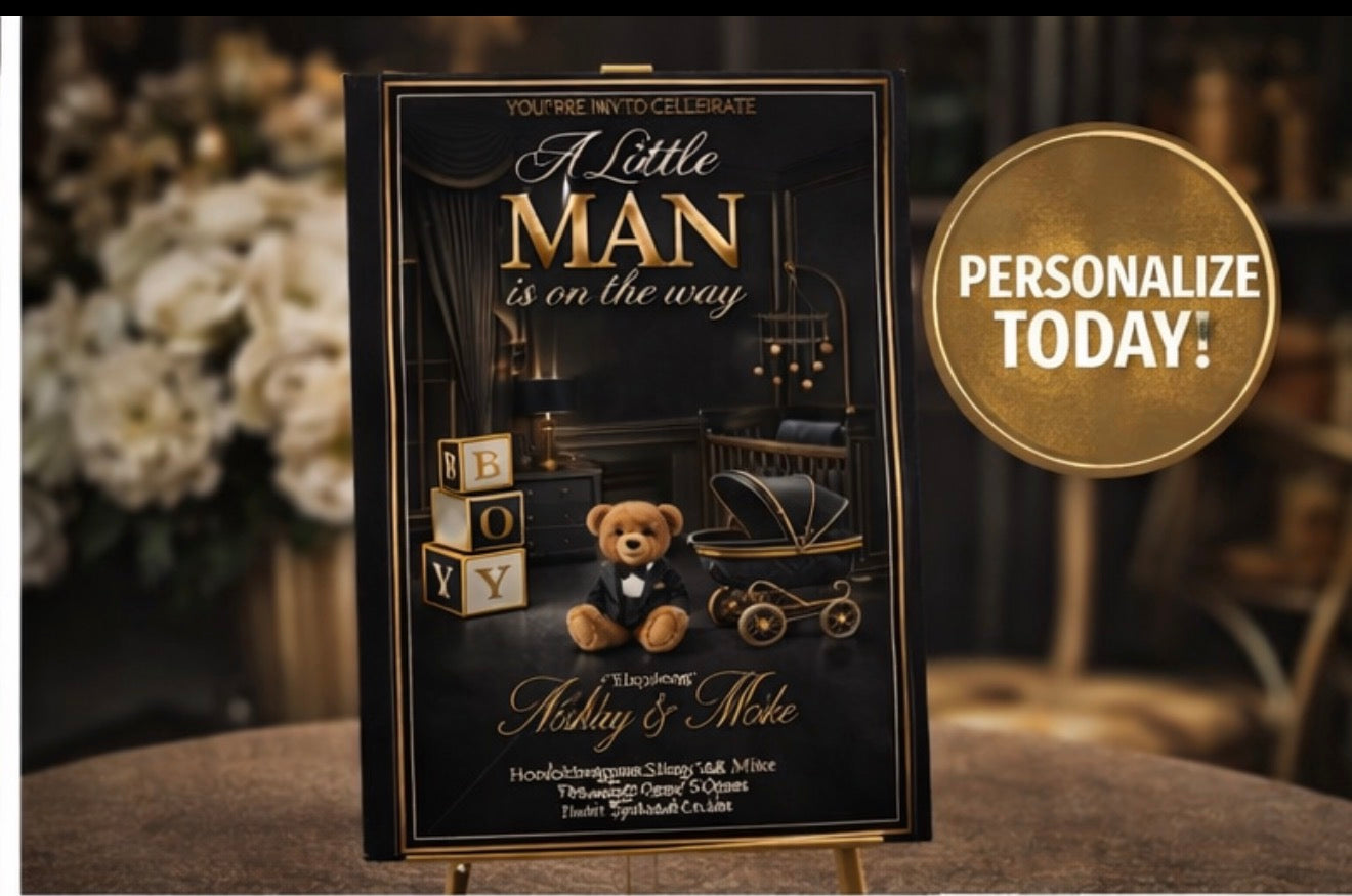 Little Man Baby Shower Invitation | Black Gold White Teddy Bear Invite | Luxury Boy Baby Shower | Printable Editable Template (Copy)
