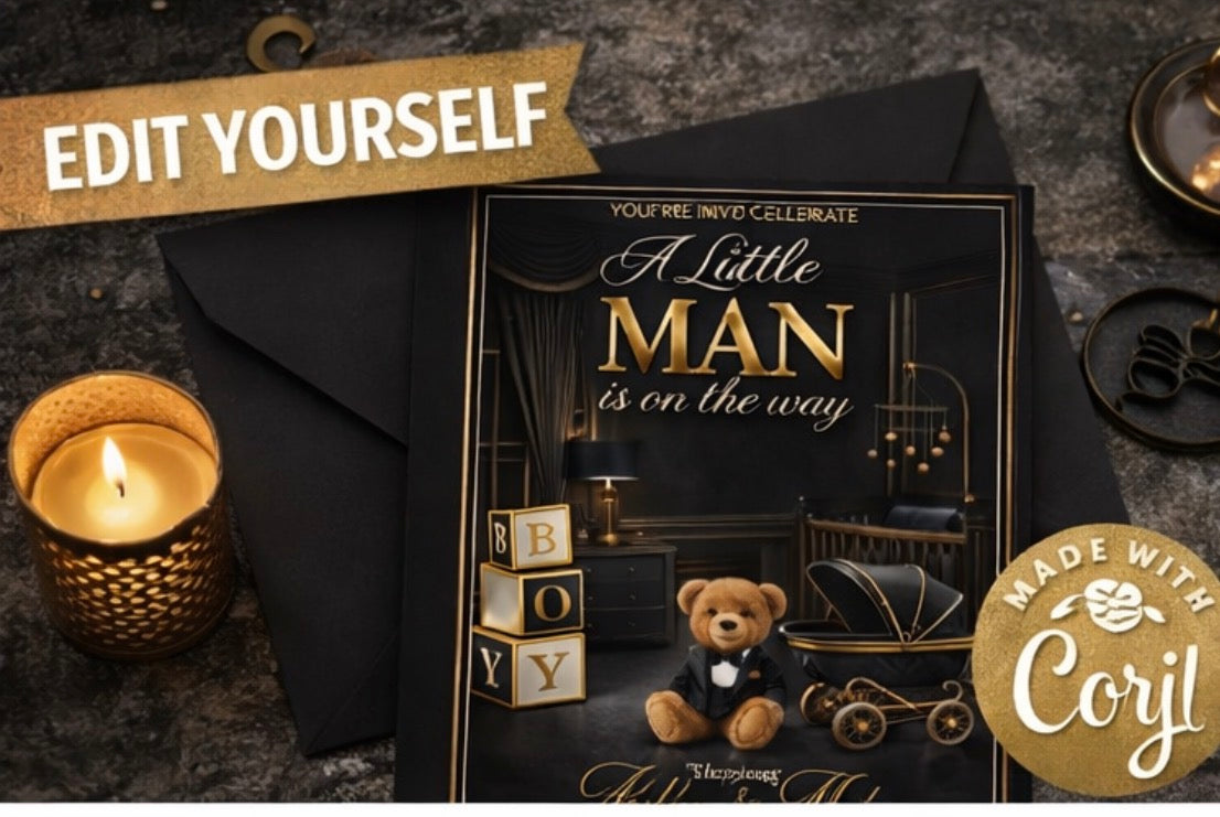 Little Man Baby Shower Invitation | Black Gold White Teddy Bear Invite | Luxury Boy Baby Shower | Printable Editable Template (Copy)