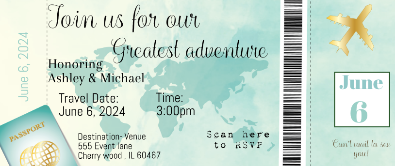 Take Flight Invite Airplane Ticket invitation-teal- INSTANT DOWNLOAD – Inspired By A-One