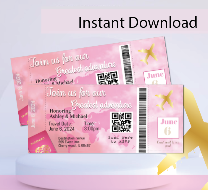 Airplane Ticket invitation-pink- INSTANT DOWNLOAD – Inspired By A-One