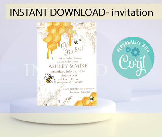Bee invitation -white- INSTANT DOWNLOAD