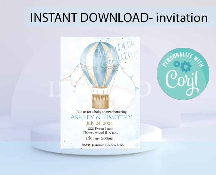Max Air Invitations Hot air balloon invitation -blue- INSTANT DOWNLOAD – Inspired By A-One