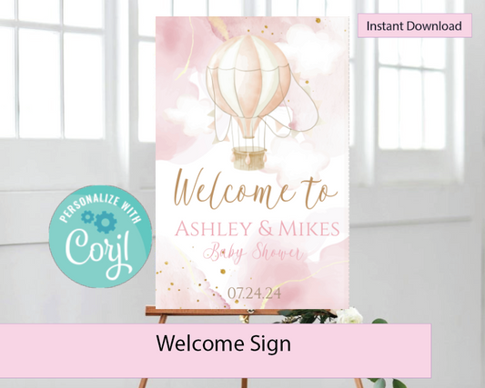 Hot air balloon welcome sign-pink- INSTANT DOWNLOAD