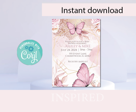 Butterfly Blush/rose-  Invitation- - INSTANT DOWNLOAD