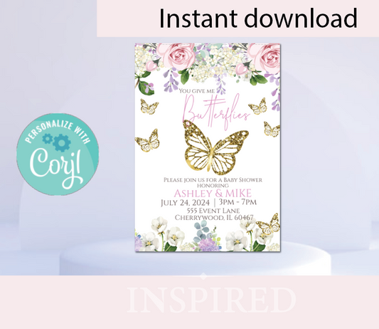 Butterfly- - White-  Invitation- - INSTANT DOWNLOAD