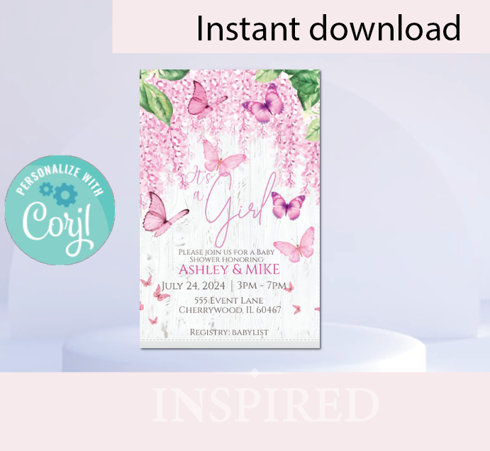 Butterfly- Garden- White-  Invitation- - INSTANT DOWNLOAD