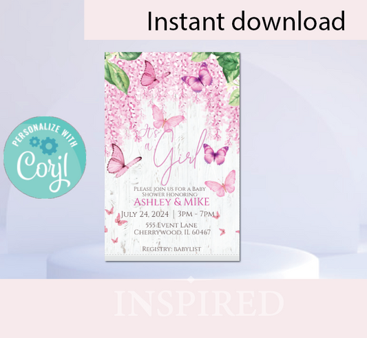 Butterfly- Garden- White-  Invitation- - INSTANT DOWNLOAD