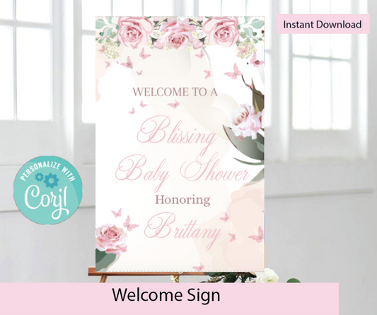 Butterfly - Blissing-  Welcome sign- blush- INSTANT DOWNLOAD