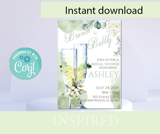 Brunch & Bubbly - Sage-  invitation - INSTANT DOWNLOAD