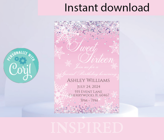 Winter wonderland invitation- Sparkle- Pink- INSTANT DOWNLOAD