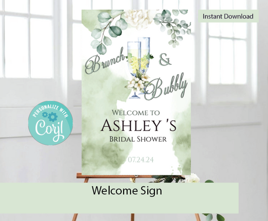 Brunch & Bubbly - Sage-  Welcome sign- INSTANT DOWNLOAD