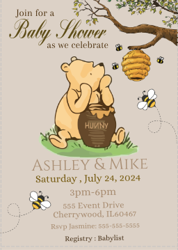 Winnie the Pooh -   Invitation- Brown - sitting- - INSTANT DOWNLOAD
