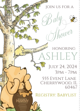 Winnie the Pooh -   Invitation- White - sitting under tree- - INSTANT DOWNLOAD