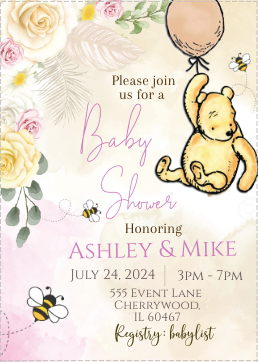 Winnie the Pooh -   Invitation- Pink - with balloon- - INSTANT DOWNLOAD