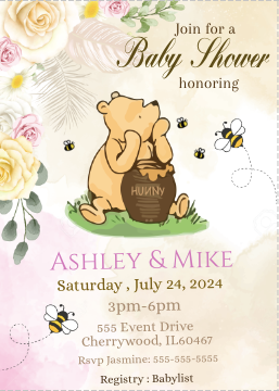 Winnie the Pooh -   Invitation- Pink - Sitting- - INSTANT DOWNLOAD
