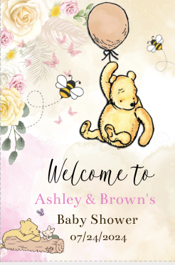 Winnie the Pooh -   Welcome Sign -with balloon -Pink- - INSTANT DOWNLOAD