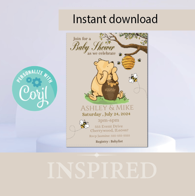 Winnie the Pooh -   Invitation- Brown - sitting- - INSTANT DOWNLOAD