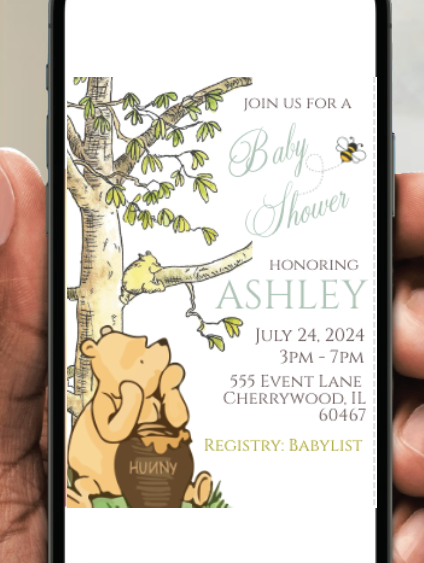Winnie the Pooh -   Invitation- White - sitting under tree- - INSTANT DOWNLOAD