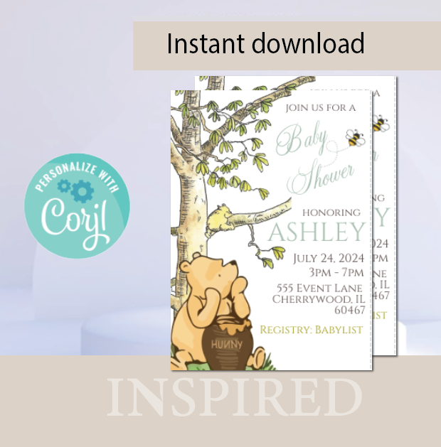 Winnie the Pooh -   Invitation- White - sitting under tree- - INSTANT DOWNLOAD