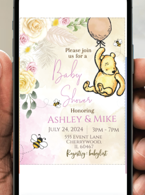 Winnie the Pooh -   Invitation- Pink - with balloon- - INSTANT DOWNLOAD