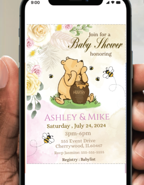 Winnie the Pooh -   Invitation- Pink - Sitting- - INSTANT DOWNLOAD