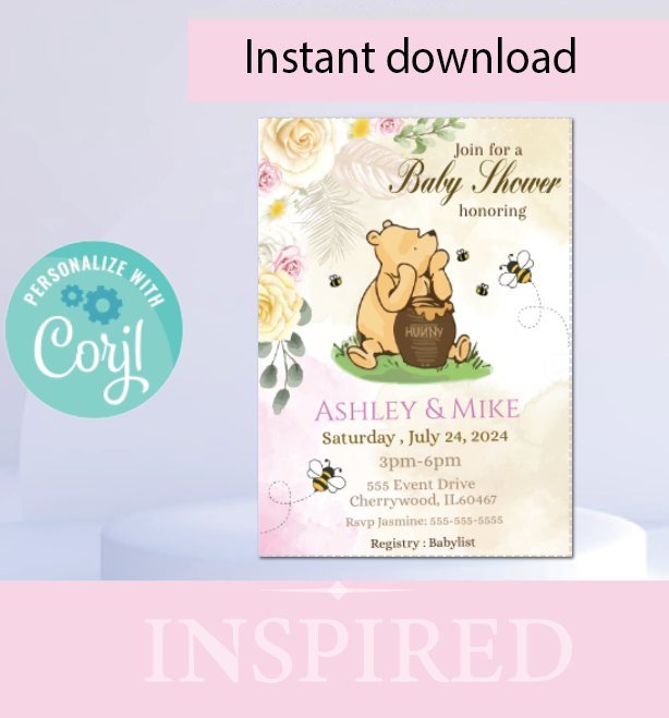 Winnie the Pooh -   Invitation- Pink - Sitting- - INSTANT DOWNLOAD