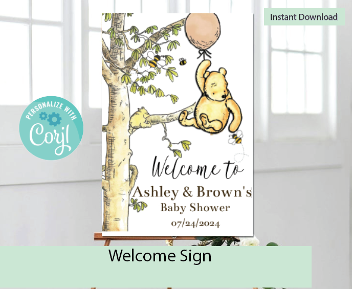 Winnie the Pooh -   Welcome Sign -with balloon -white- - INSTANT DOWNLOAD