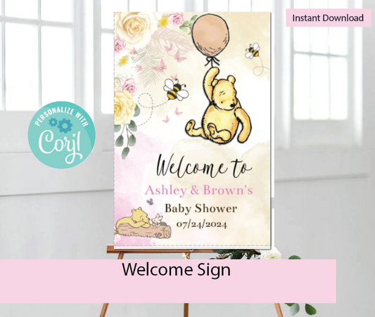 Winnie the Pooh -   Welcome Sign -with balloon -Pink- - INSTANT DOWNLOAD