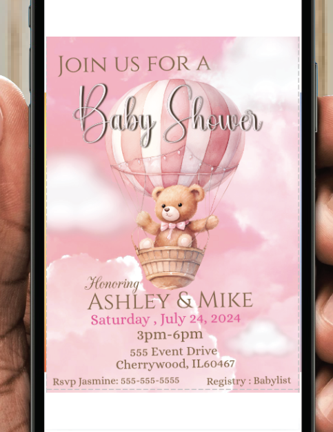 Hot air balloon with bear - Invitation- pink- INSTANT DOWNLOAD