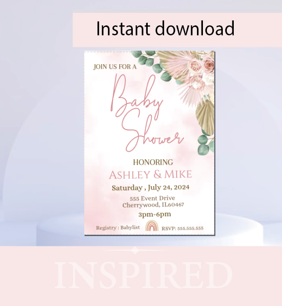 Boho Invitation-  Invitation- Pink - Sitting- - INSTANT DOWNLOAD