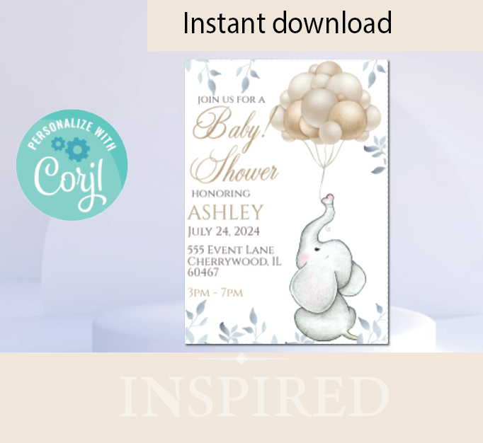 Elephant with balloon - Invitation - white  - INSTANT DOWNLOAD